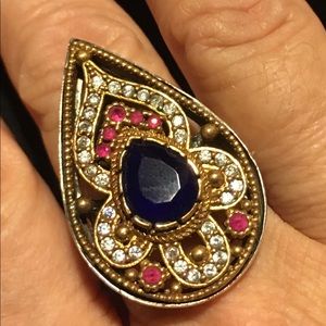 SS (created?) blue, white sapphire, ruby ring.